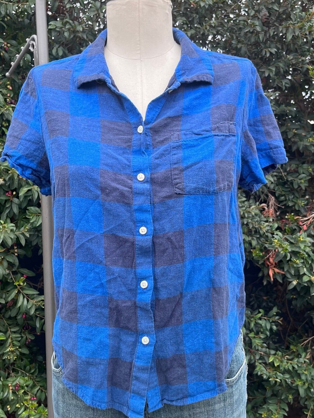 Lucky Brand Blue Black Grunge Plaid Linen Blend Button Front Shirt Women’s Medi